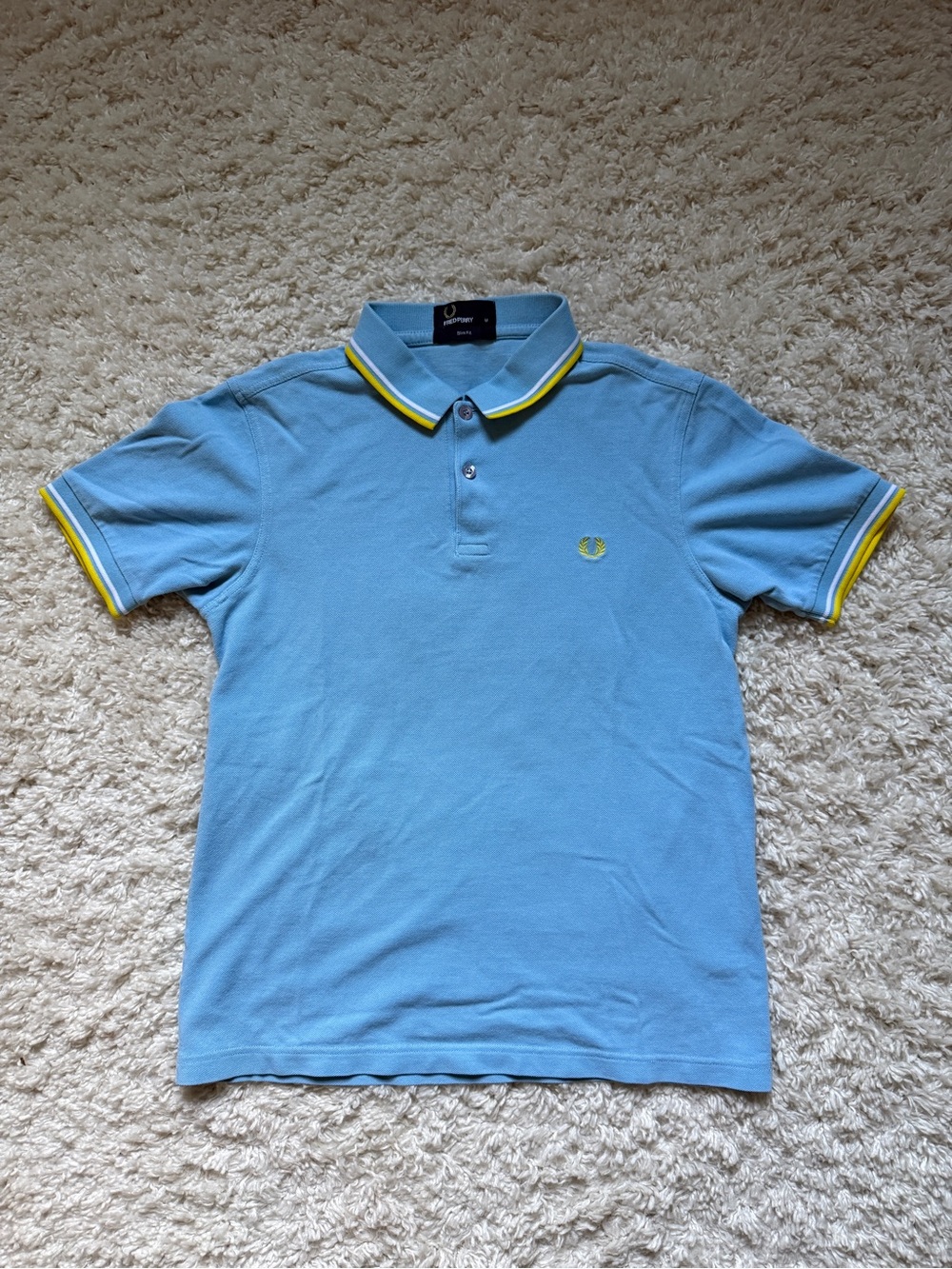 Fred Perry Men’s Pique Twin Tipped Light Blue Polo with Yellow Trim. Sz Md.